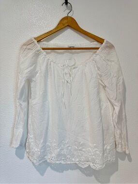 Club Monaco White Sheer Peasant Top Embroidered Bottom Boho Cotton Coastal XS